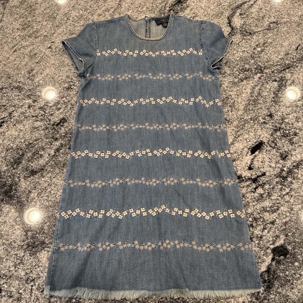 Lucky Brand Denim Short Sleeve Embroidered Blue Floral Dress Size XS Cotton#215